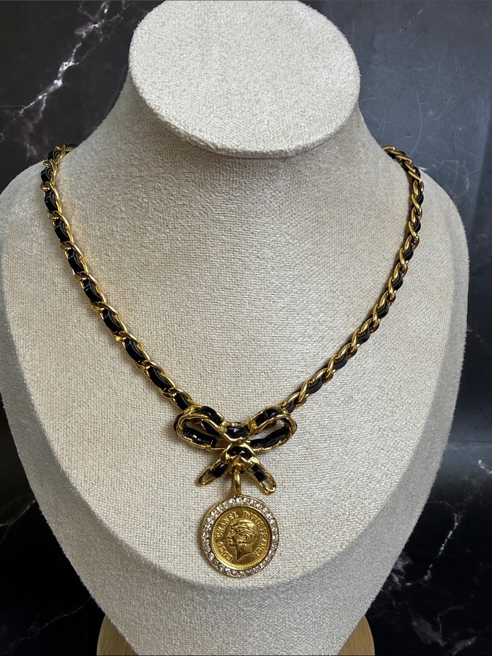 CHANEL Gold and Black Bow Link Choker with Coin Charm